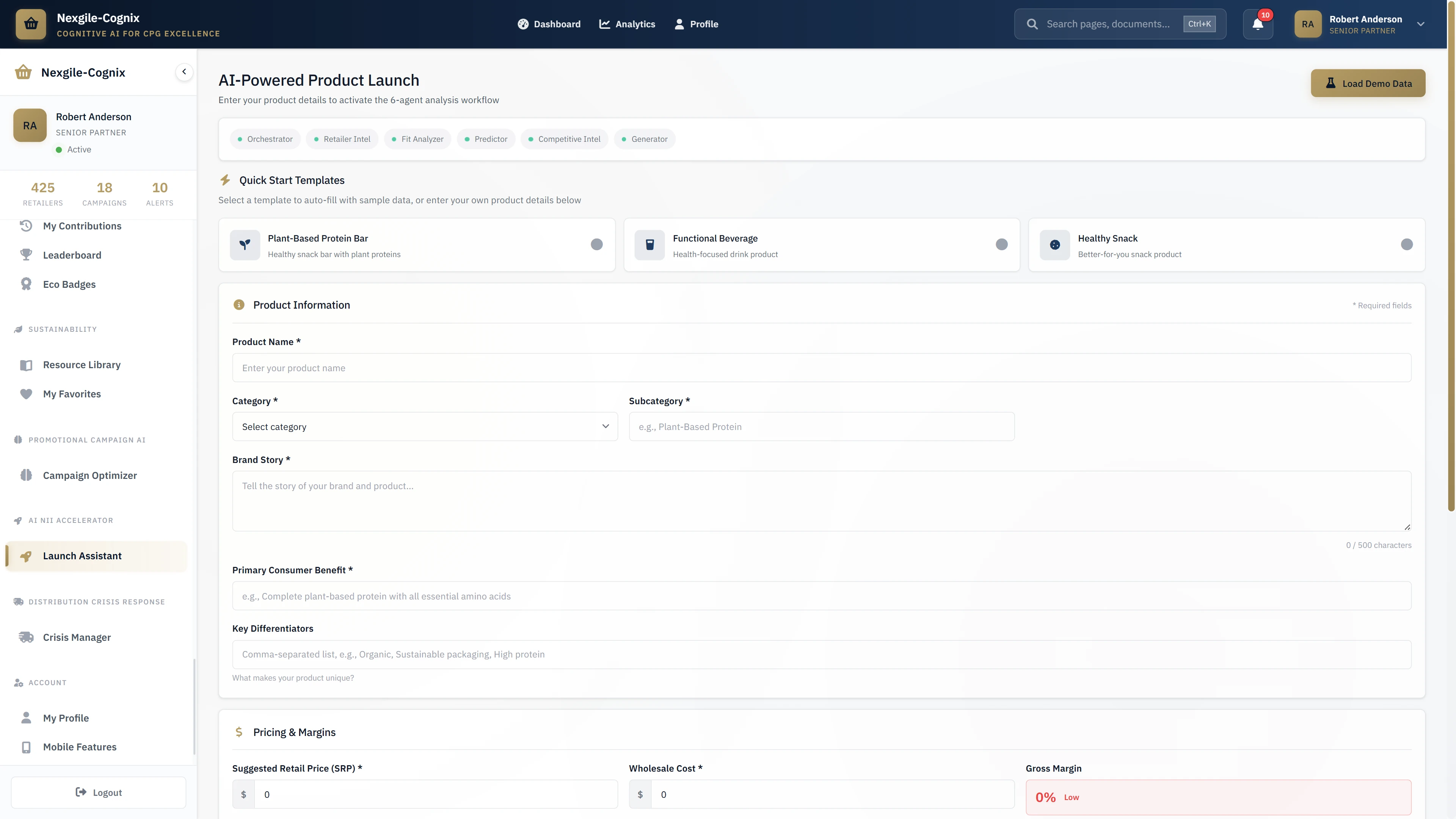 Product Information Input - Quick-start templates and product details form for plant-based protein launch workflow